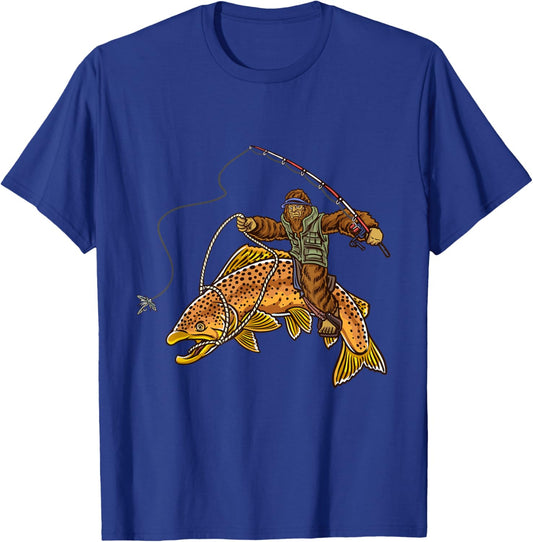 Brown Trout River Fishing Bigfoot Hunting Fishermen T-Shirt - T-Shirt | Royal