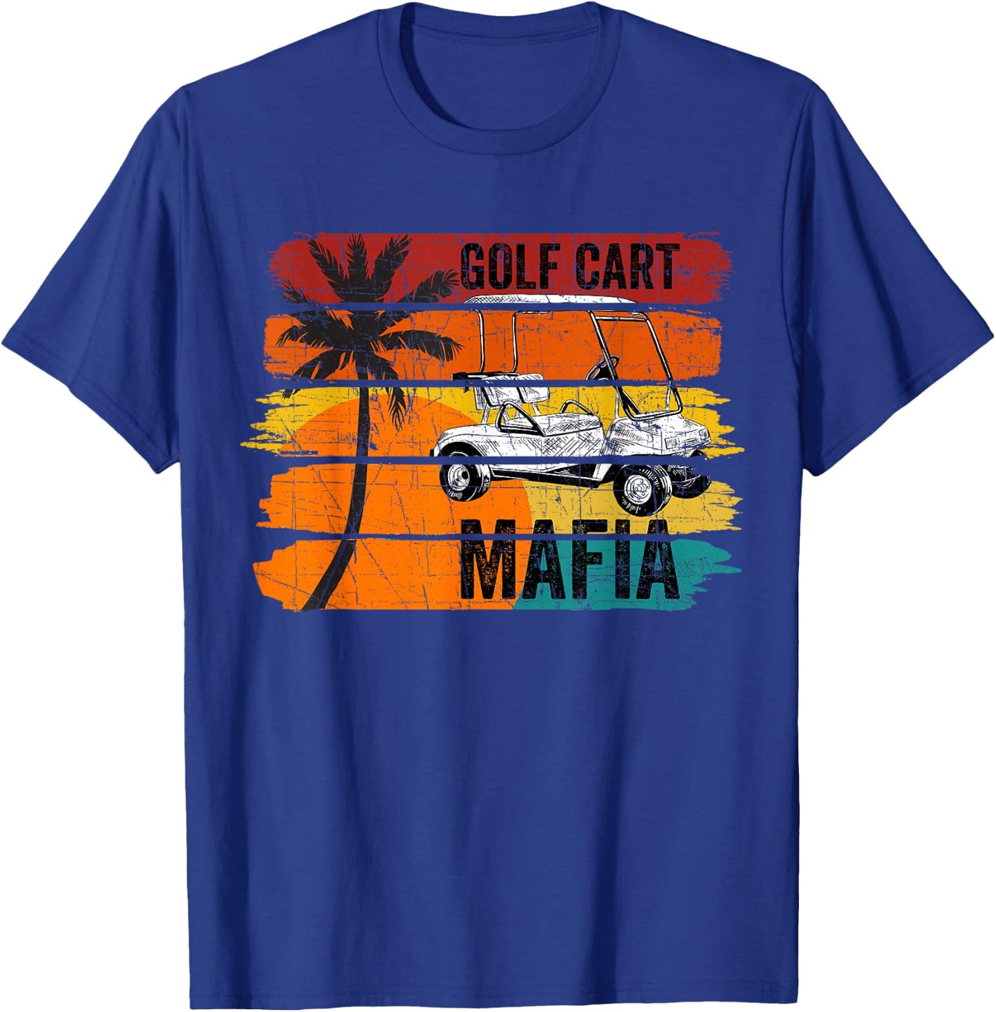 Vintage Retro Golf Cart Mafia with Sunset and Palm Tree T-Shirt - T-Shirt | Royal
