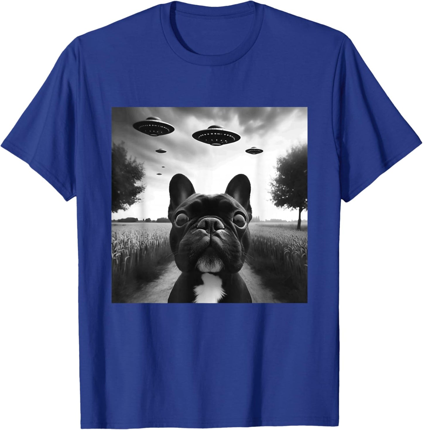 French Bulldog Funny Graphic Selfie with UFOs Weird Aliens T-Shirt - T-Shirt | Royal