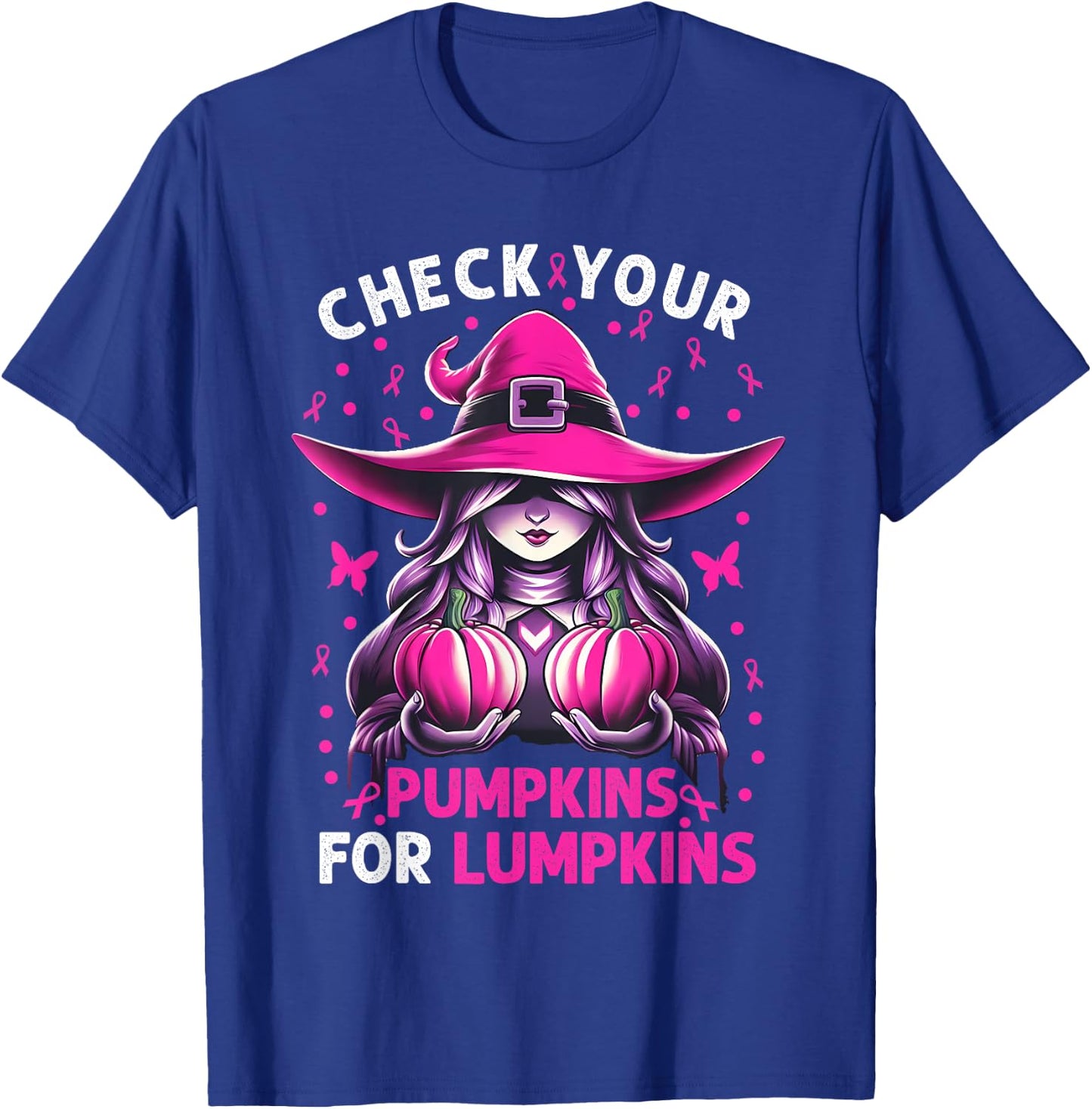 Breast Cancer Witch Check Your Pumpkins For Lumpkins T-Shirt - T-Shirt | Royal