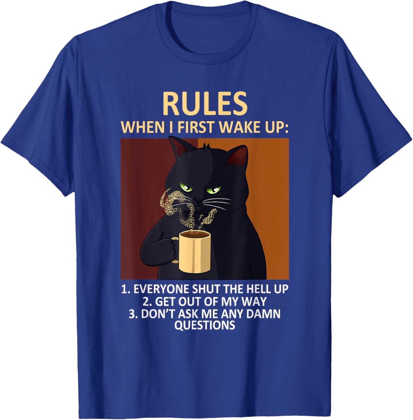 Cat Drinking Coffee Kitten Lover Funny Rules Pet Owner T-Shirt - T-Shirt | Royal