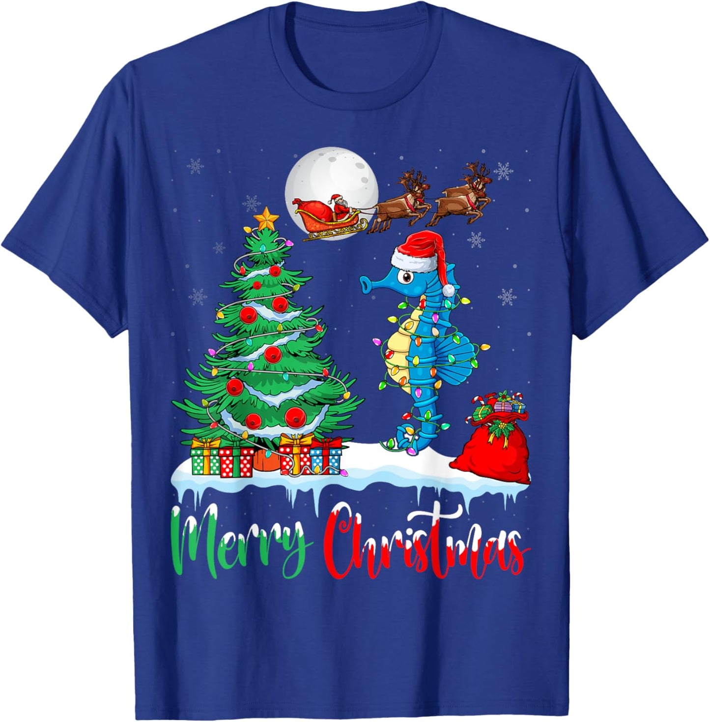 Seahorse Santa Hat Xmas Lights Merry Christmas Seahorse T-Shirt - T-Shirt | Royal