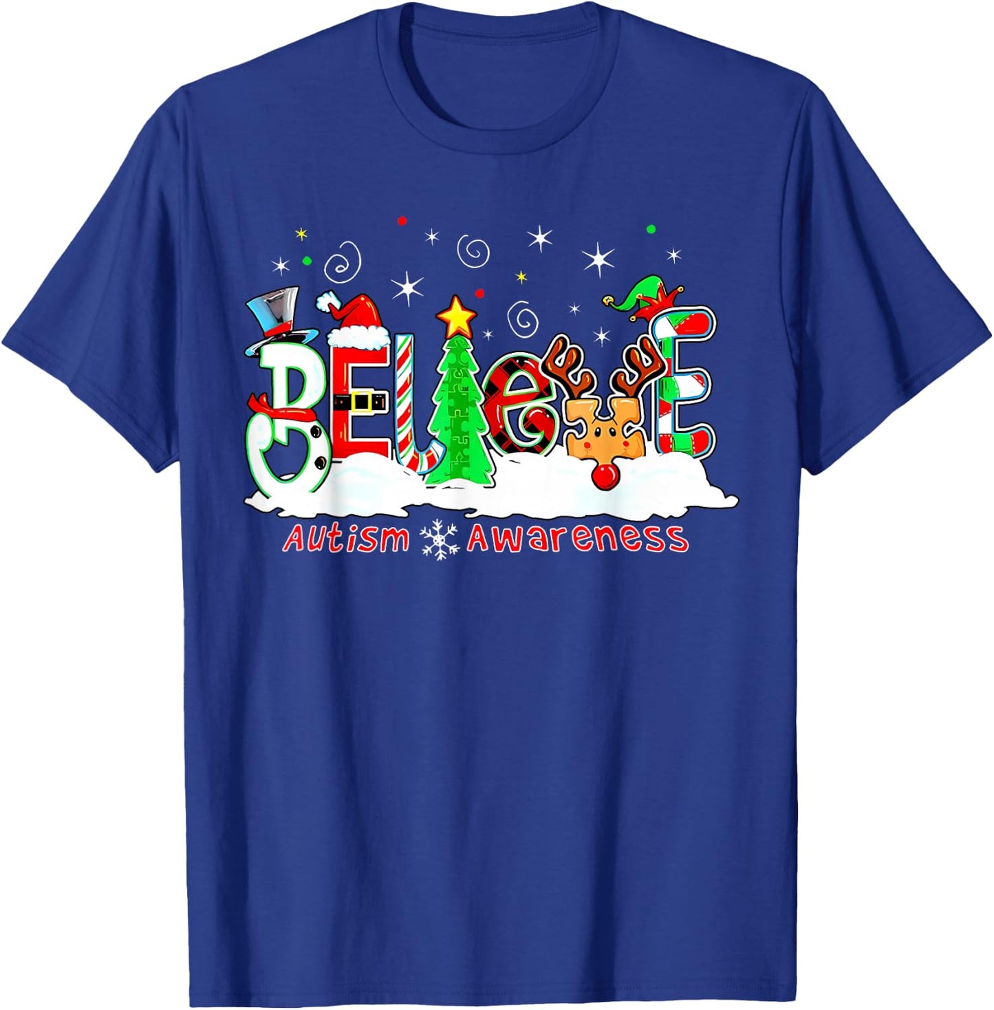 Believe Autism Awareness Christmas Tree Light Santa Reindeer T-Shirt - T-Shirt | Royal
