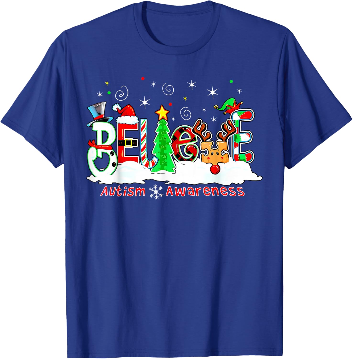 Believe Autism Awareness Christmas Tree Light Santa Reindeer T-Shirt - T-Shirt | Royal