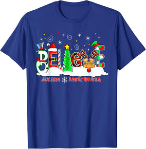 Believe Autism Awareness Christmas Tree Light Santa Reindeer T-Shirt - T-Shirt | Royal