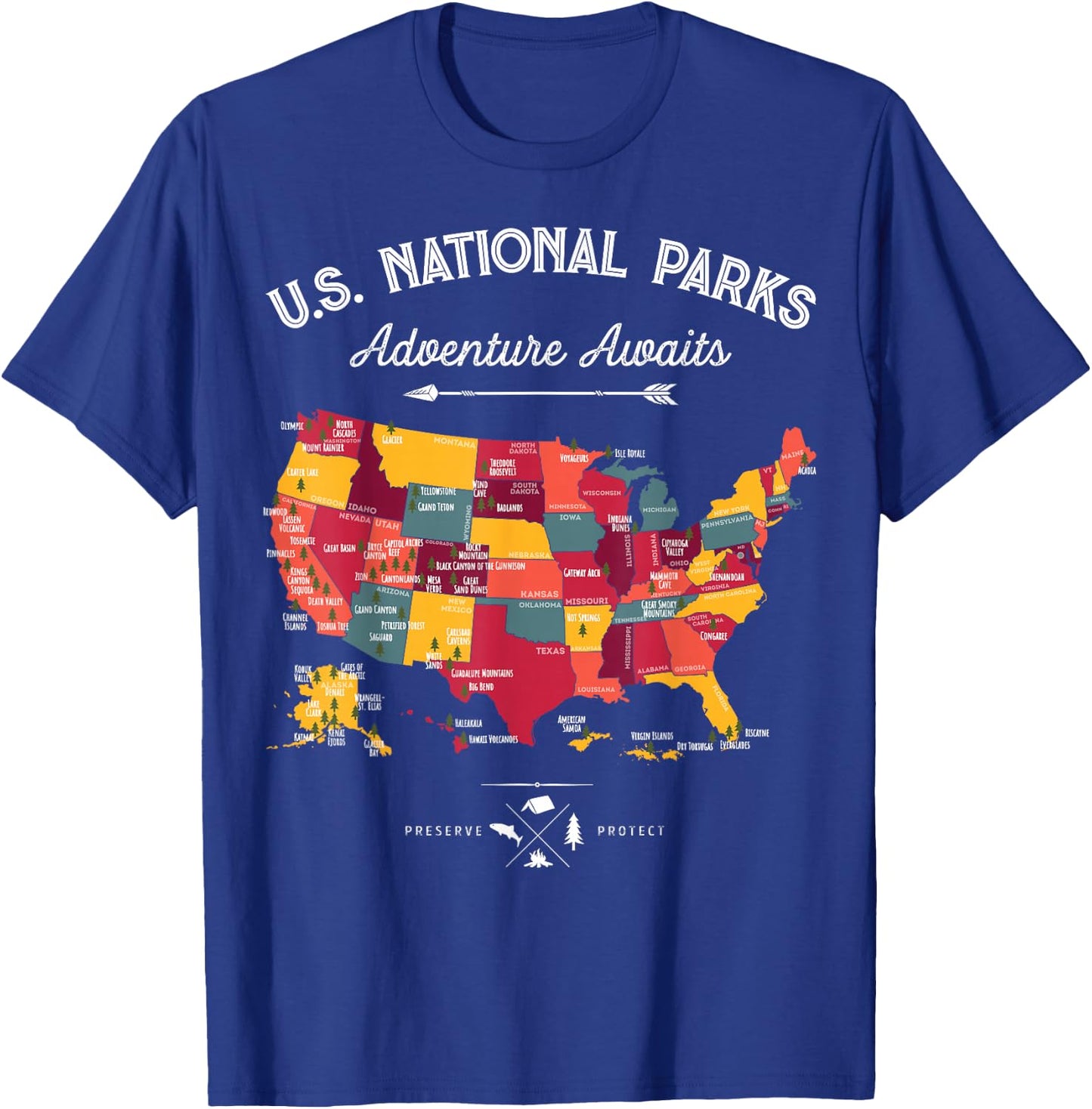 62 National Parks Map Gifts US Park Vintage Camping Hiking T-Shirt - T-Shirt | Royal
