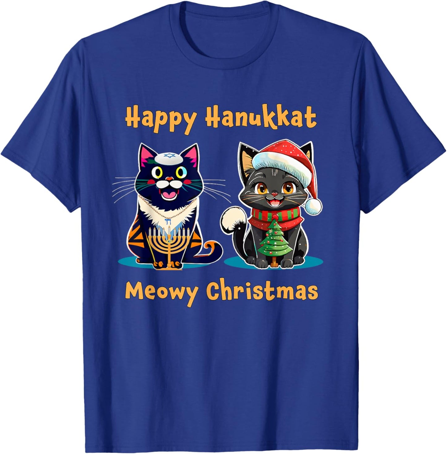 Merry Christmas Happy Hanukkah Jewish Christian Cat Lovers Women Kids T-Shirt - T-Shirt | Royal