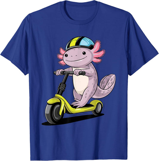 Axolotl Driving Scooter Funny Kawaii Boys Girls Cute Axolotl T-Shirt - T-Shirt | Royal