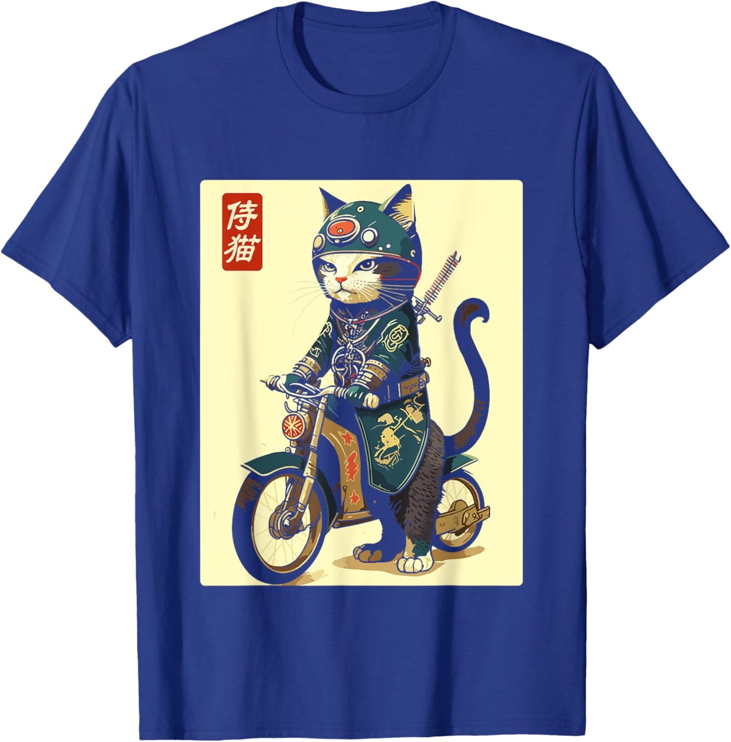 Japanese Samurai Cat on Motorcycle Kawaii Ninja Cat Women Kids T-Shirt - T-Shirt | Royal