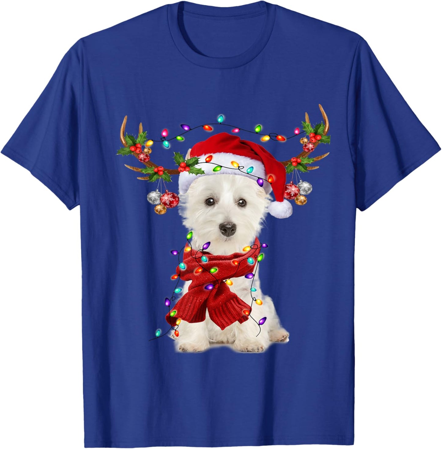 Santa Westie Dog Reindeer Christmas Lights Men Women Kids T-Shirt - T-Shirt | Royal