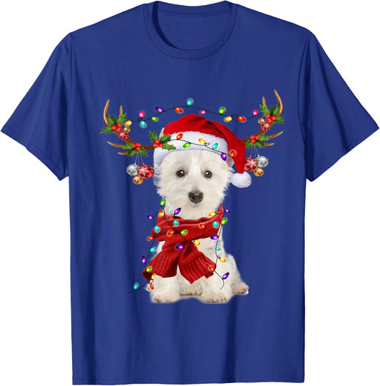 Santa Westie Dog Reindeer Christmas Lights Men Women Kids T-Shirt - T-Shirt | Royal