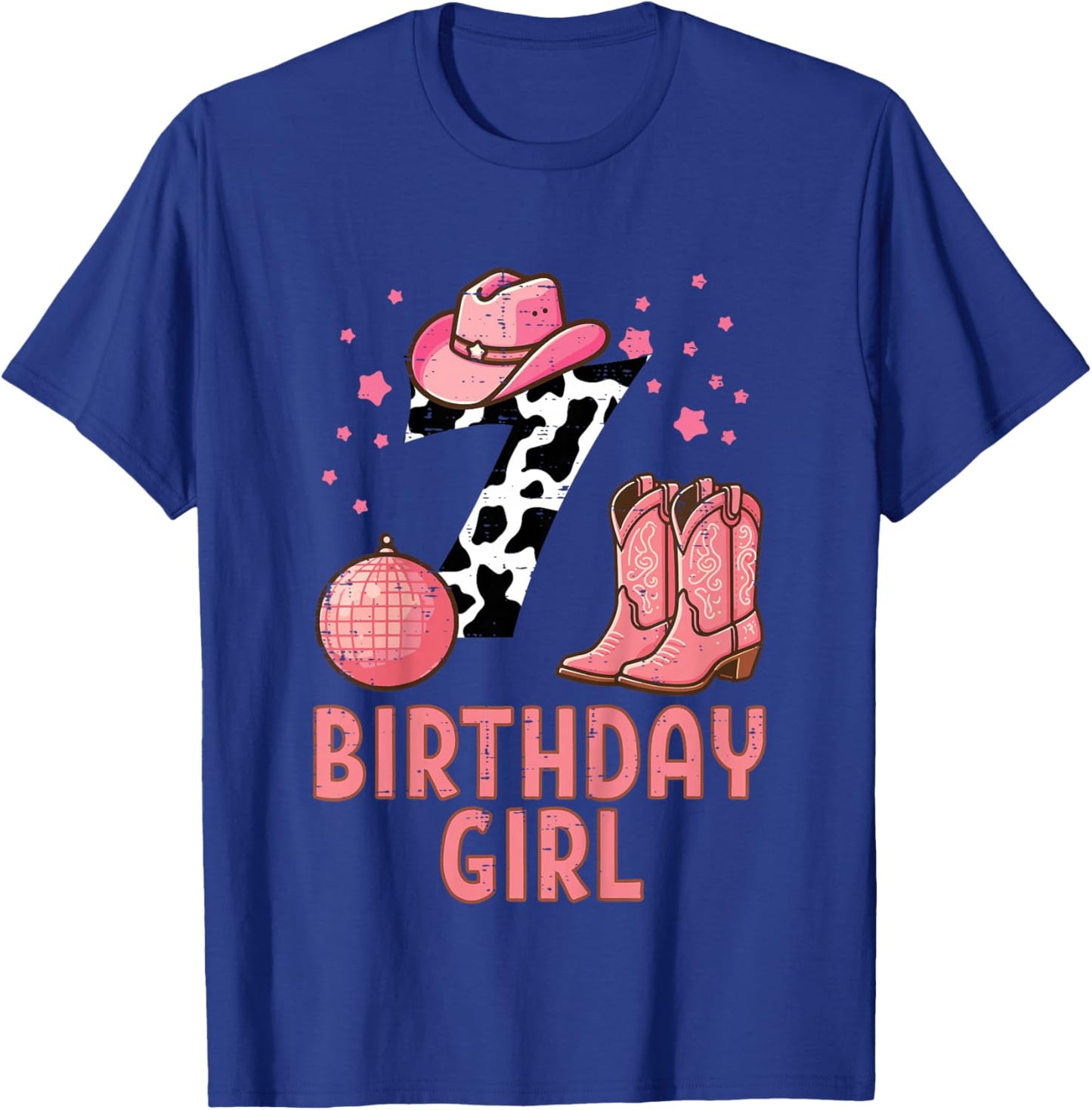 7th Birthday Cow Pattern Cowgirl 7 Year Old Bday Girls Kids T-Shirt - T-Shirt | Royal