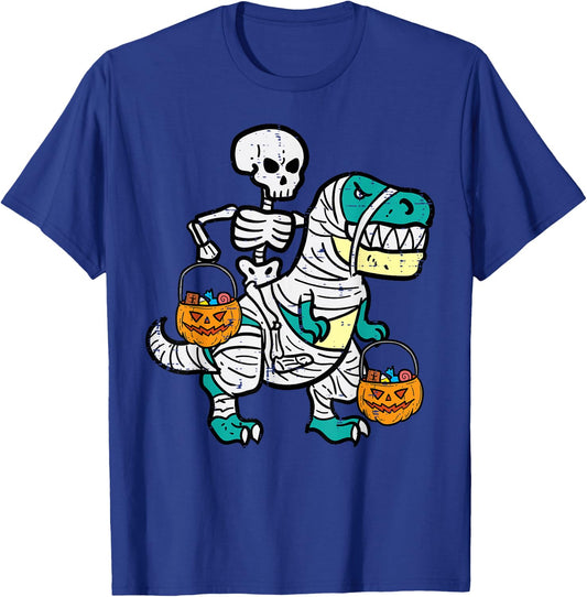 Skeleton Riding Trex Dino Toddler Boy Halloween Boys Kids T-Shirt - T-Shirt | Royal