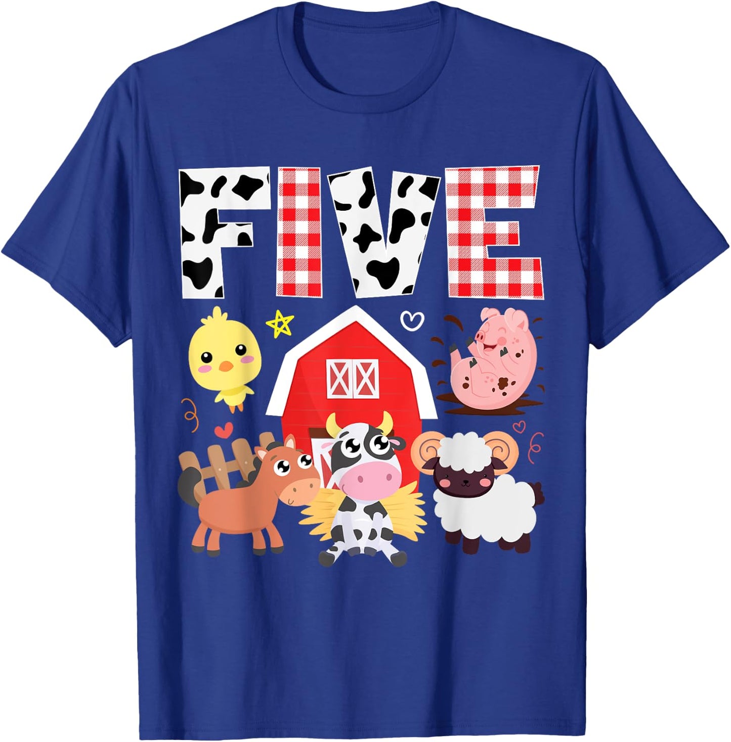 5th Birthday Five Year Old Farm Theme Animals Birthday Party T-Shirt - T-Shirt | Royal