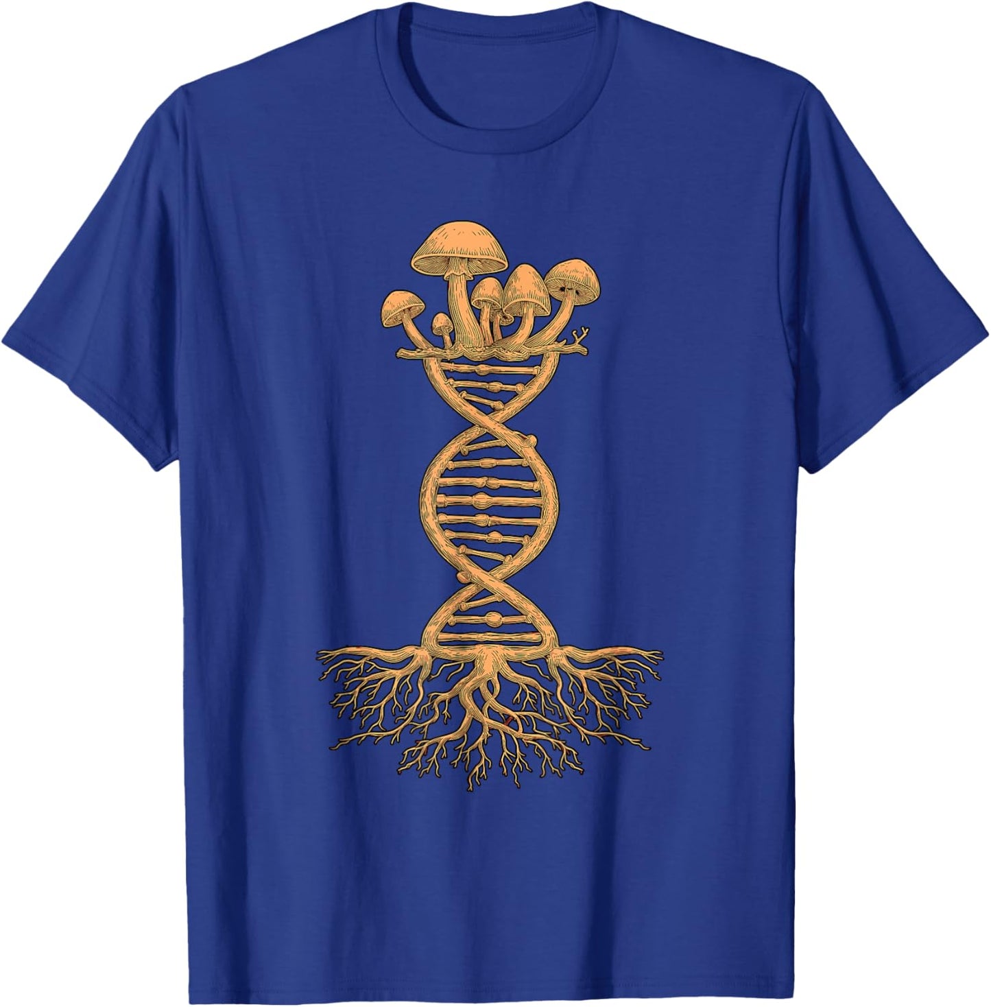 Mushroom DNA Helix Design with Roots and Fungi Artwork T-Shirt - T-Shirt | Royal