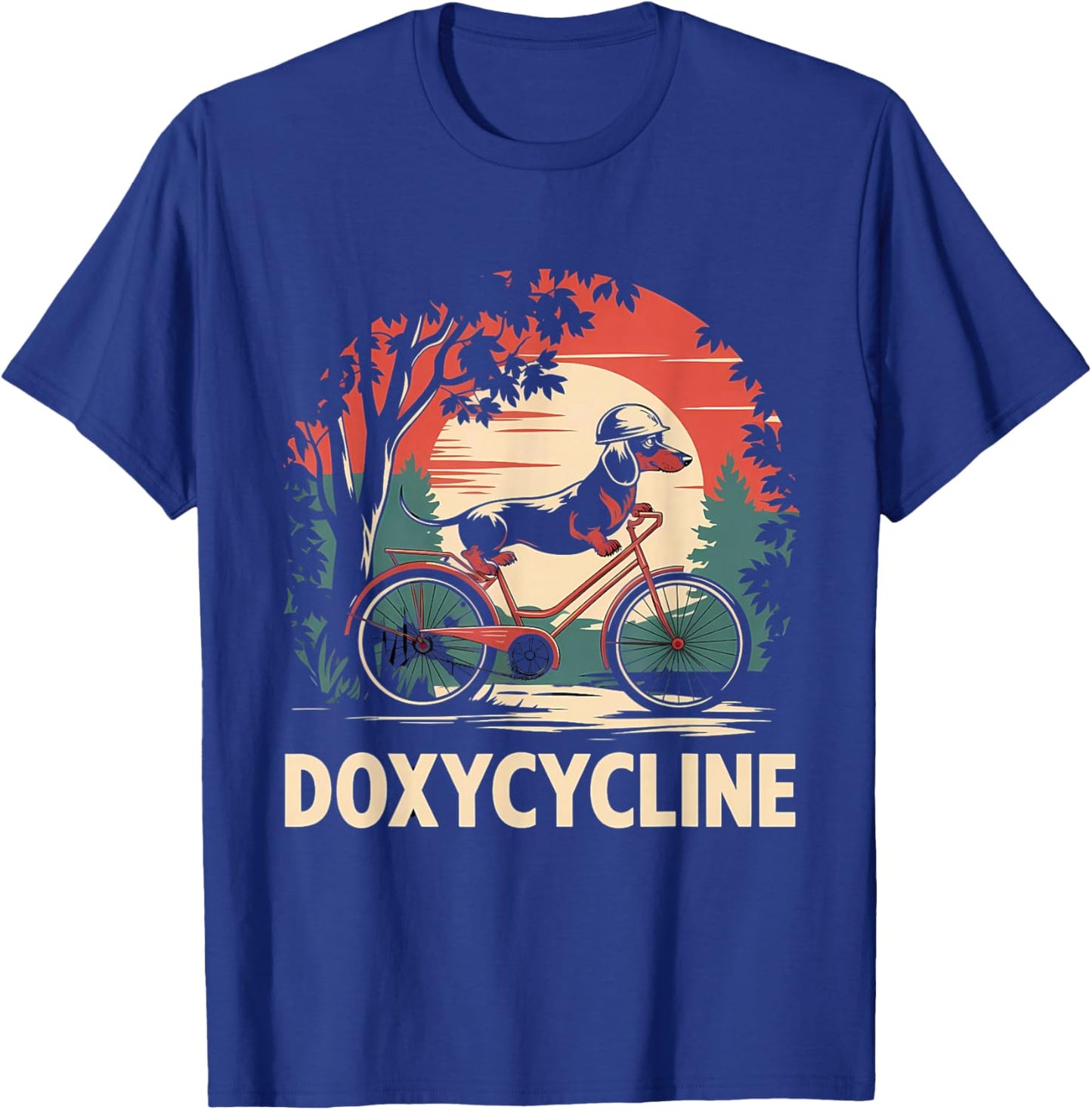 Dachshund on Bicycle Doxycycline Pharmacy Pun Dog Pharmacist T-Shirt - T-Shirt | Royal