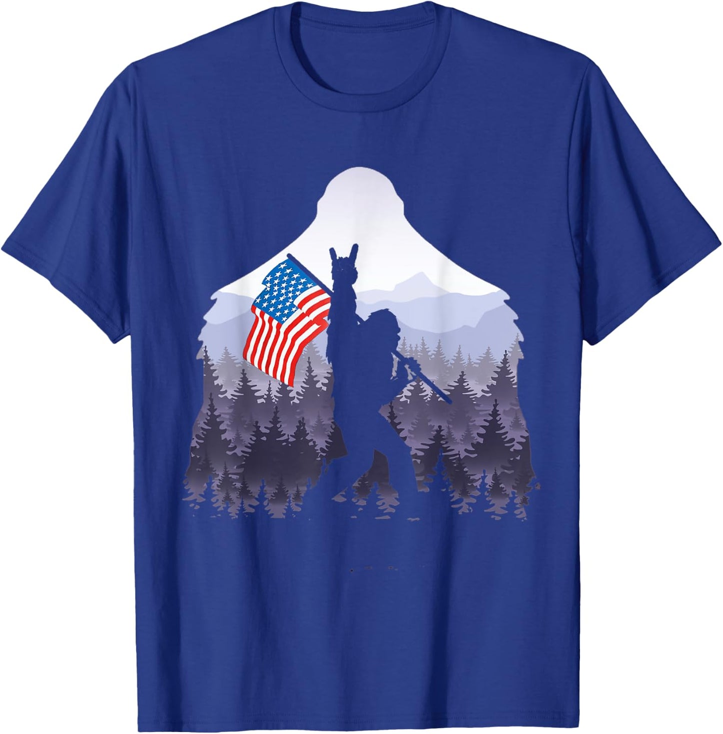 USA flag Bigfoot Victorty sign Peace in the forest camping Women Men T-Shirt - T-Shirt | Royal