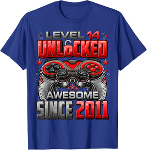 Level 14 Unlocked Awesome Since 2011 14th Birthday Gaming T-Shirt - T-Shirt | Royal