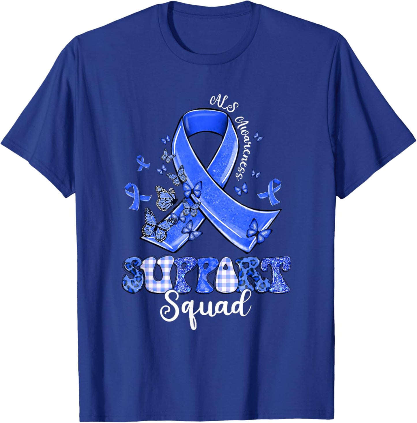 Support Squad Blue Ribbon Butterfly ALS Awareness T-Shirt - T-Shirt | Royal
