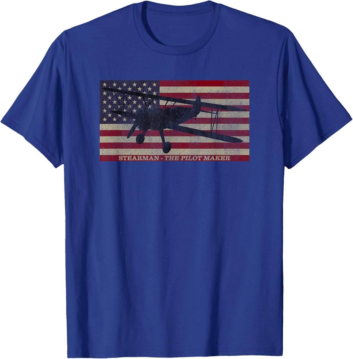 PT-13 Stearman American Biplane Pilot Trainer Vintage Flag T-Shirt - T-Shirt | Royal
