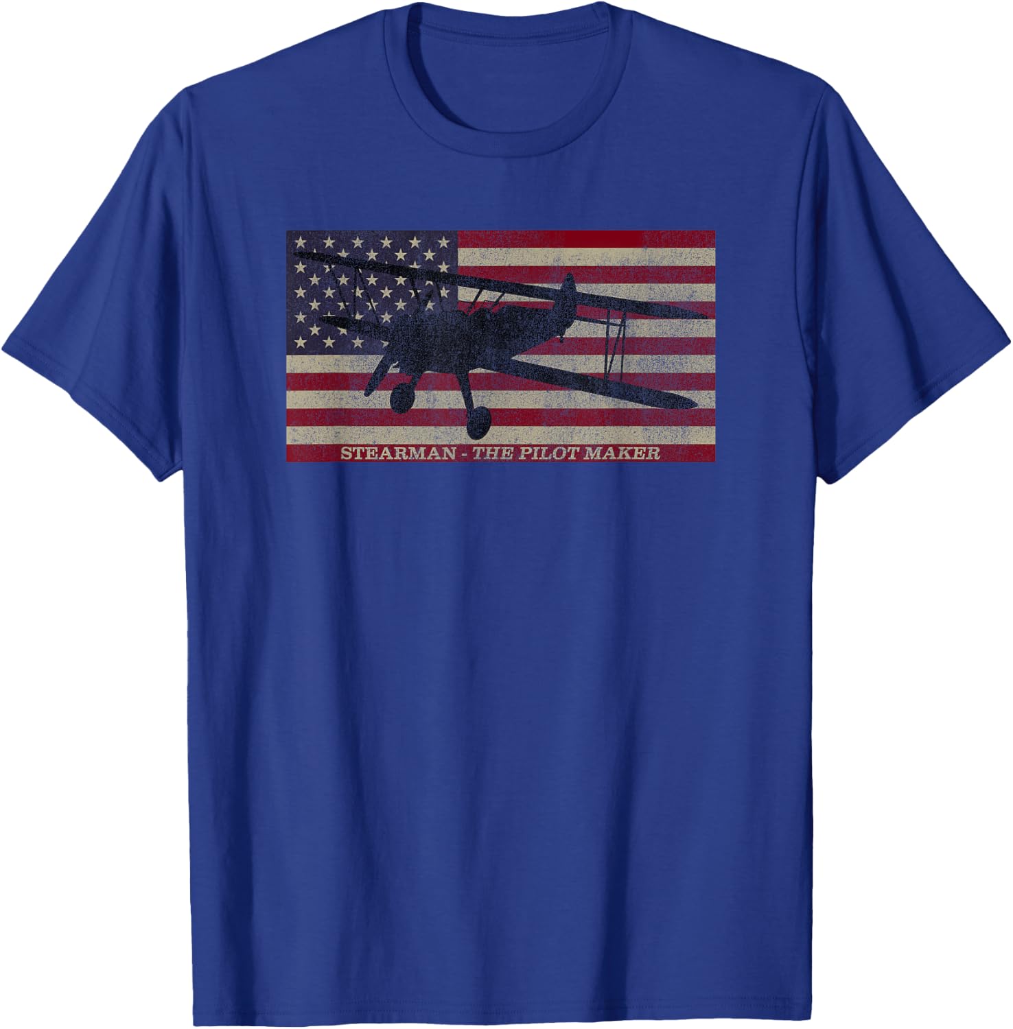 PT-13 Stearman American Biplane Pilot Trainer Vintage Flag T-Shirt - T-Shirt | Royal