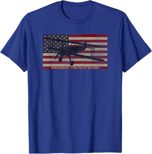 PT-13 Stearman American Biplane Pilot Trainer Vintage Flag T-Shirt - T-Shirt | Royal