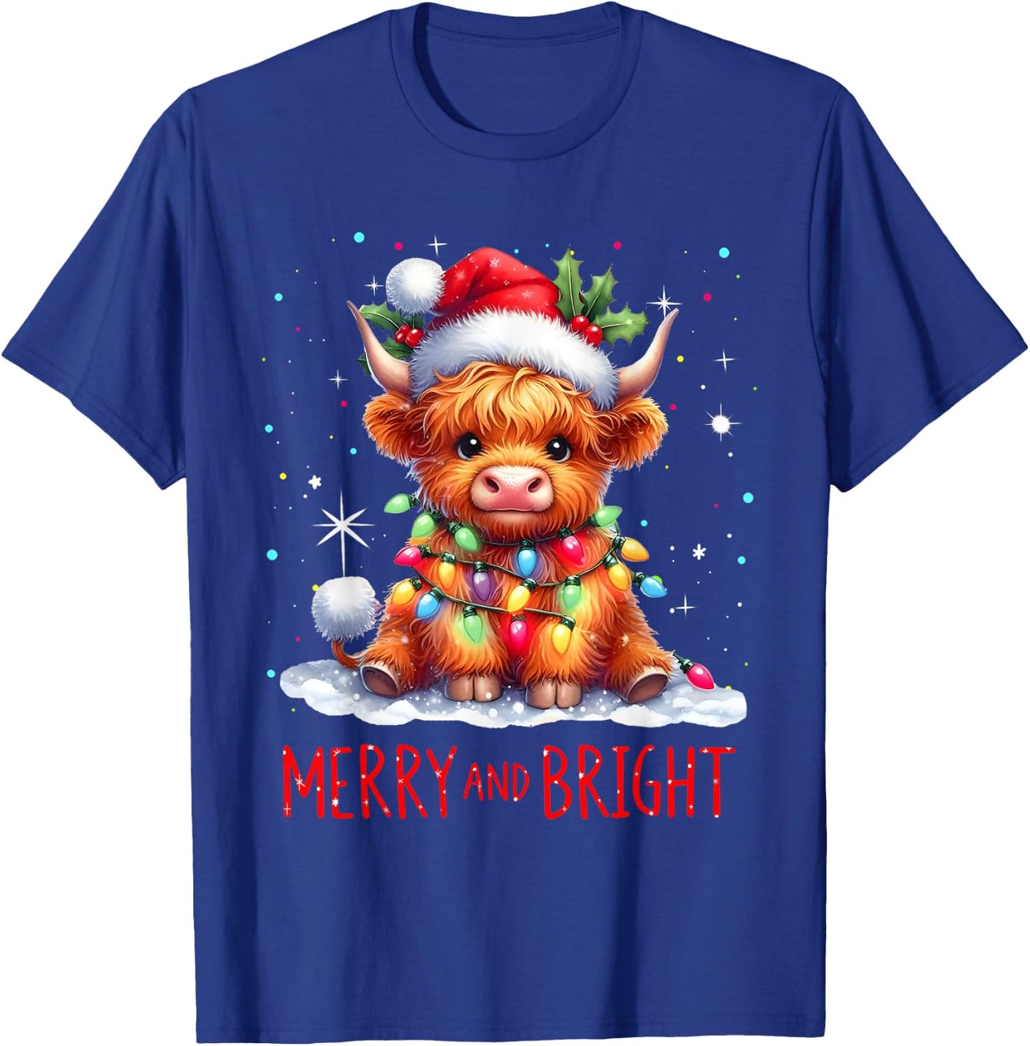 Cute Highland Baby Cow Christmas Lights Merry & Bright Xmas T-Shirt - T-Shirt | Royal