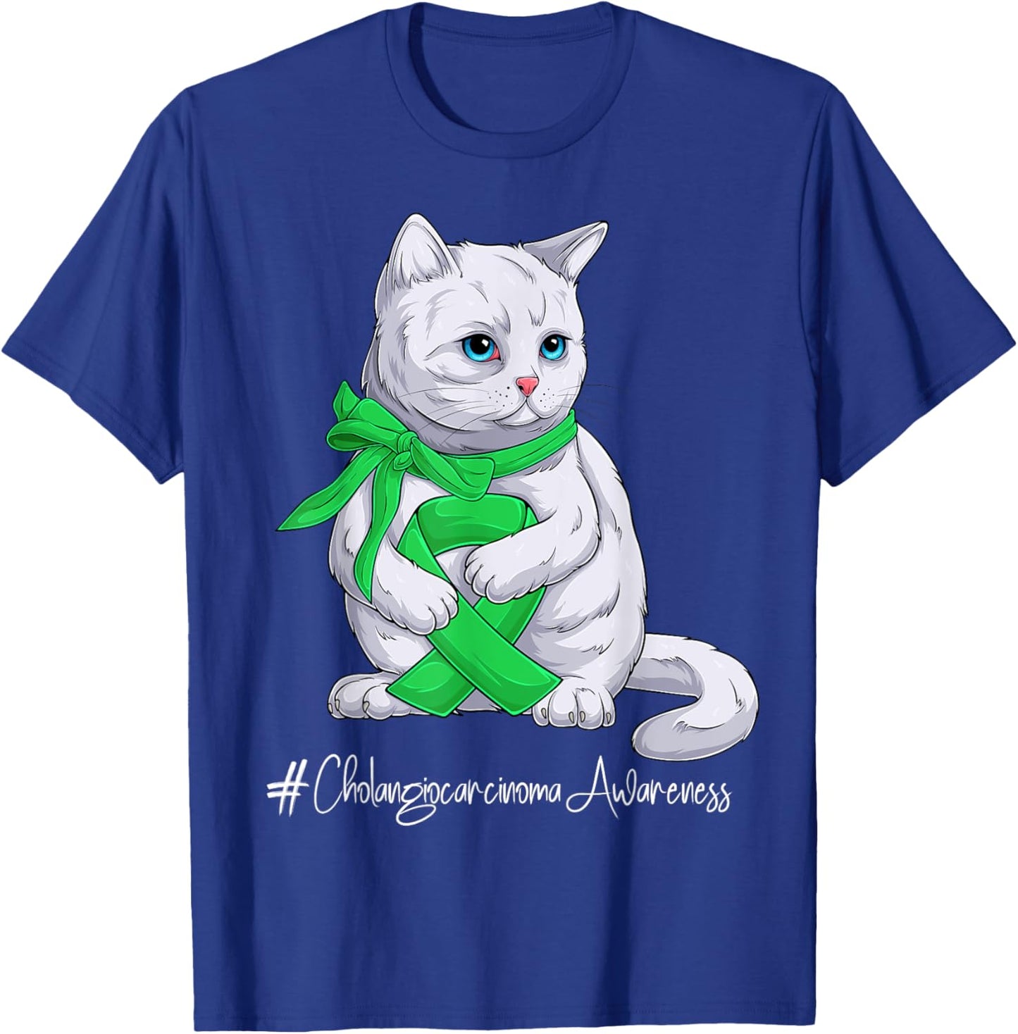 Cholangiocarcinoma Awareness Month Green Ribbon Cat T-Shirt - T-Shirt | Royal