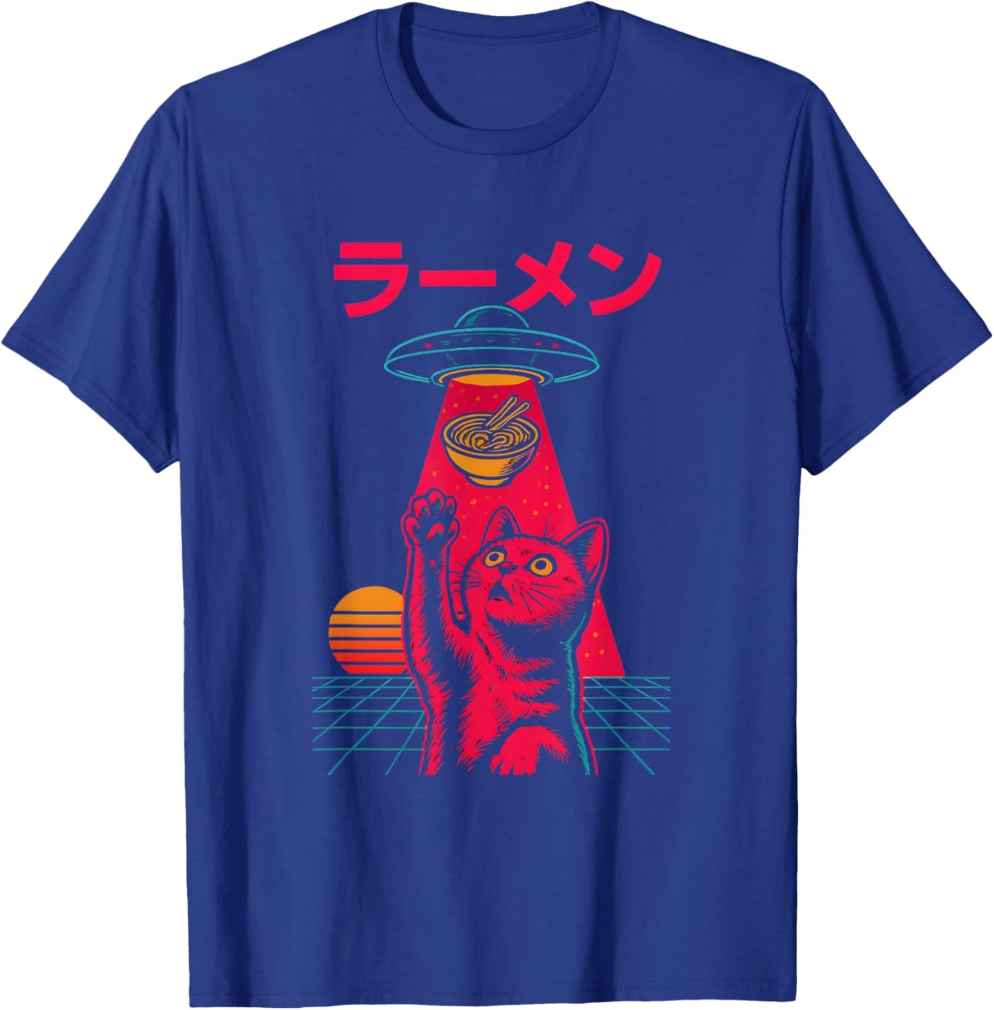 Cat Ramen Alien Abduction Vintage Japanese Retro UFO Graphic T-Shirt - T-Shirt | Royal