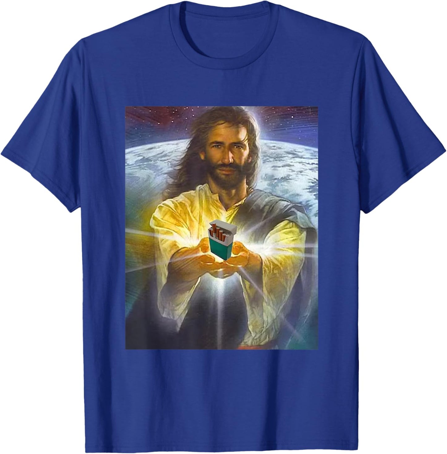 Jesus Holding Cigarettes Funny Jesus -Adults Black Short Sleeve Small T-Shirt - T-Shirt | Royal