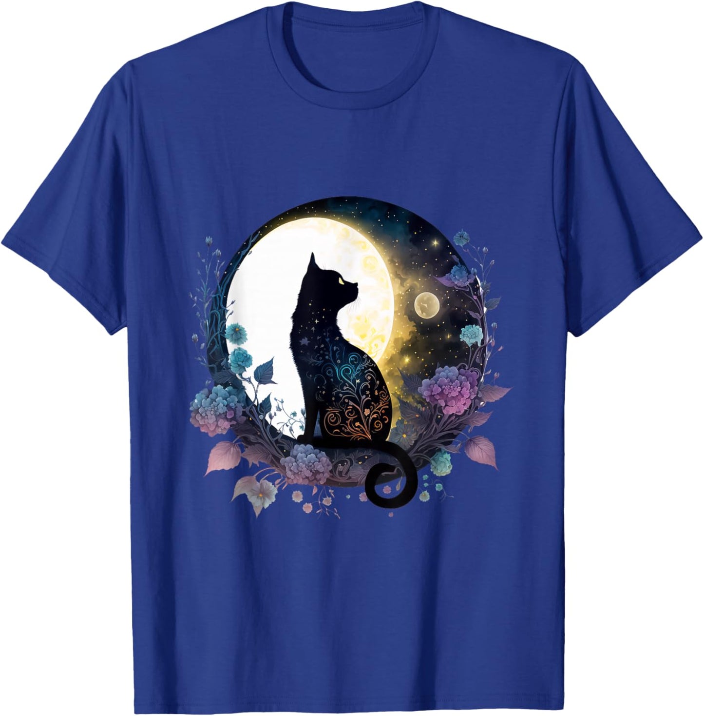 Moonlit Black Cat – Lunar Floral Night Cat T-Shirt - T-Shirt | Royal