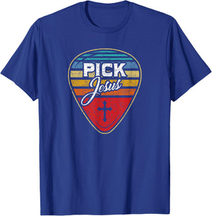 Retro Guitarist Guitar Pick Christian Music Jesus T-Shirt - T-Shirt | Royal