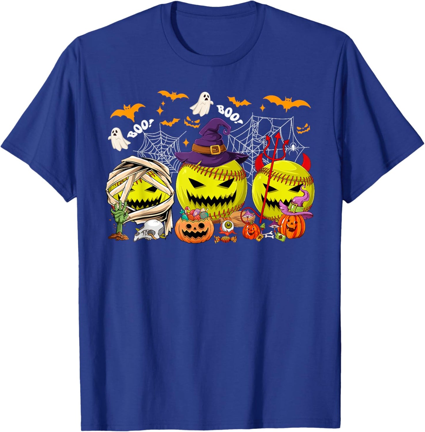 Funny Mummy Witch Devil Softball Balls Happy Halloween Day T-Shirt - T-Shirt | Royal