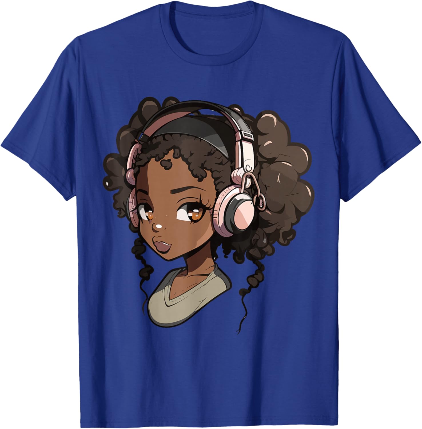 Anime and Music Black Girl Anime Merch Afro African American T-Shirt - T-Shirt | Royal