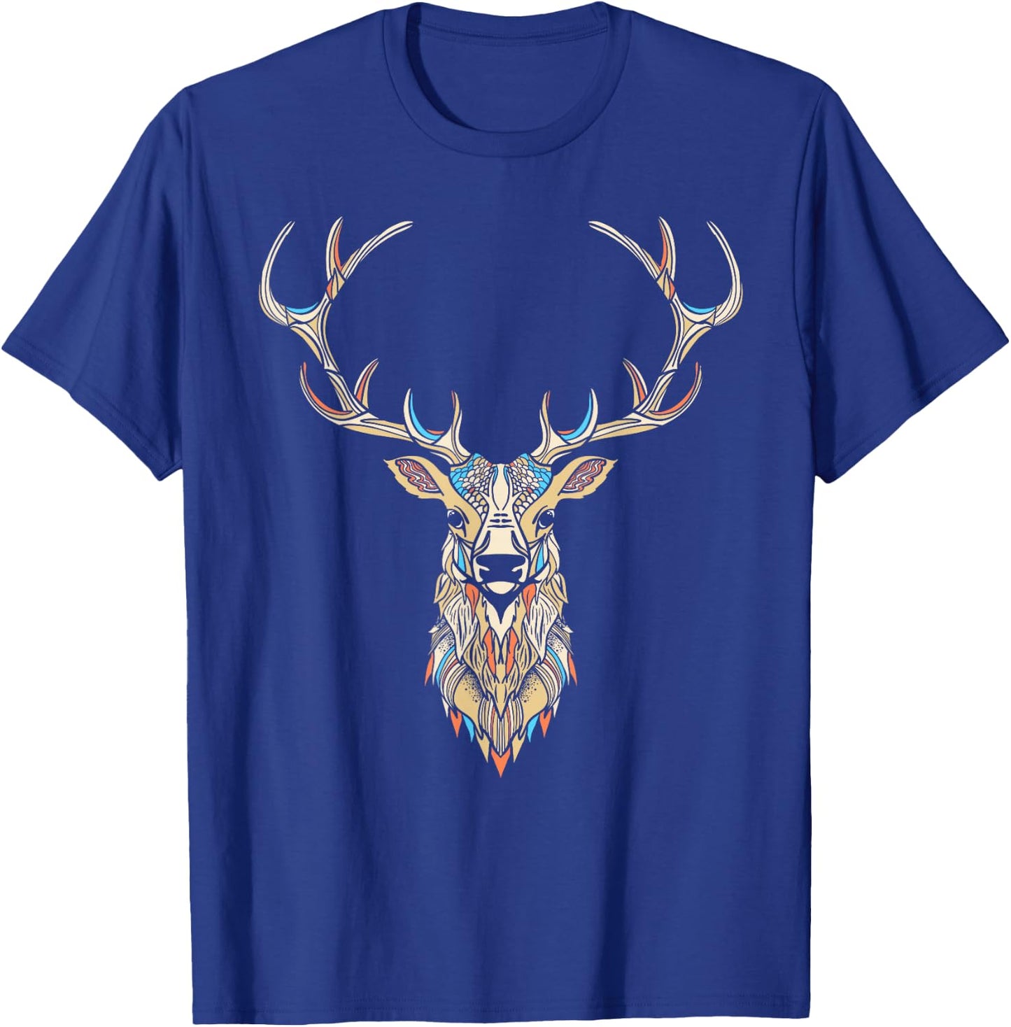 Elk Head/Face Artistic Illustration Graphic T-Shirt - T-Shirt | Royal