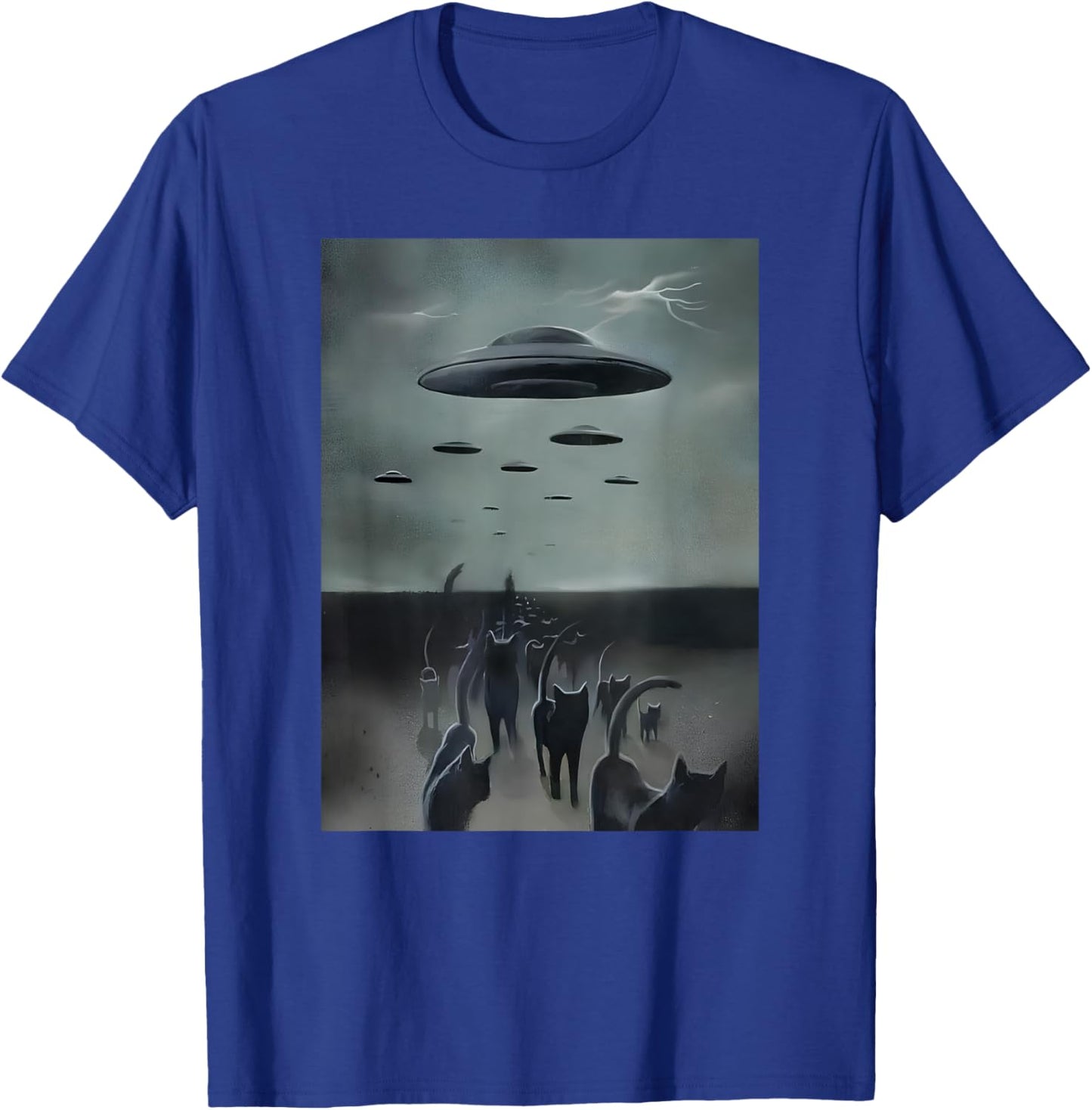Cats Invasion With Alien UFO Funny Cats Women Kid , Small, Black T-Shirt - T-Shirt | Royal