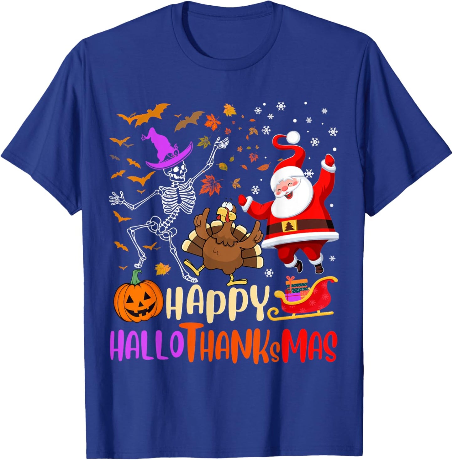 Happy Hallothanksmas Skeleton Pumpkin Turkey Santa Dancing T-Shirt - T-Shirt | Royal