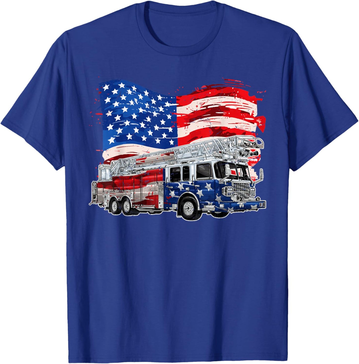 Retro Fire Truck Firefighter Fireman USA Flag 4th of July T-Shirt - T-Shirt | Royal