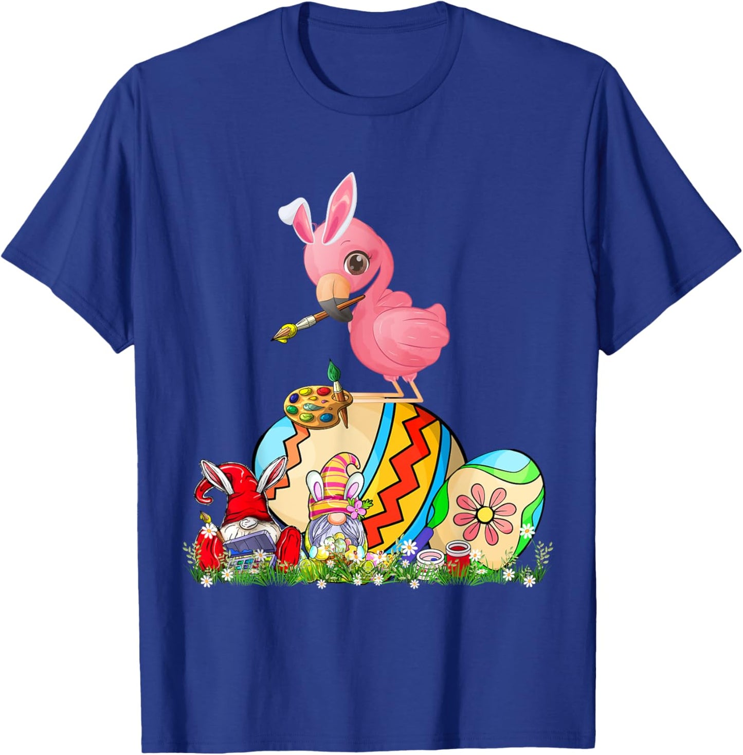 Easter Bunny Flamingo With Gnomes Painting Chocolate Eggs T-Shirt - T-Shirt | Royal