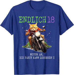 Endlich 18, Katze auf Motorrad, 18. Geburtstag T-Shirt - T-Shirt | Royal