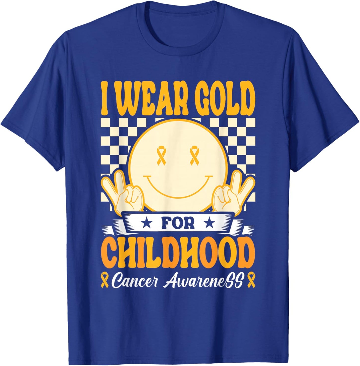 I Wear Gold For Childhood Cancer Awareness Boy Kids Groovy T-Shirt - T-Shirt | Royal