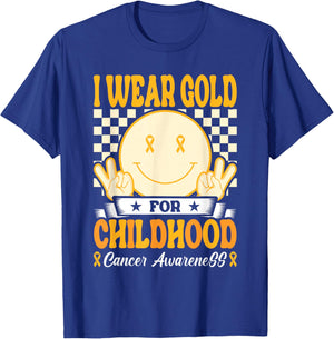I Wear Gold For Childhood Cancer Awareness Boy Kids Groovy T-Shirt - T-Shirt | Royal