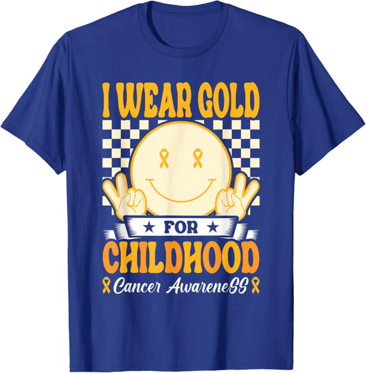I Wear Gold For Childhood Cancer Awareness Boy Kids Groovy T-Shirt - T-Shirt | Royal