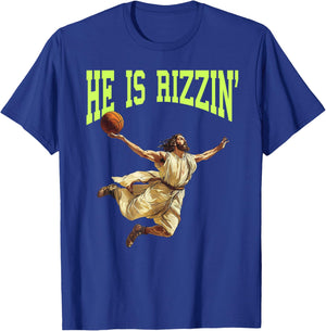 He Is Rizzin Funny Easter Balling Jesus Dunking Basketball T-Shirt - T-Shirt | Royal