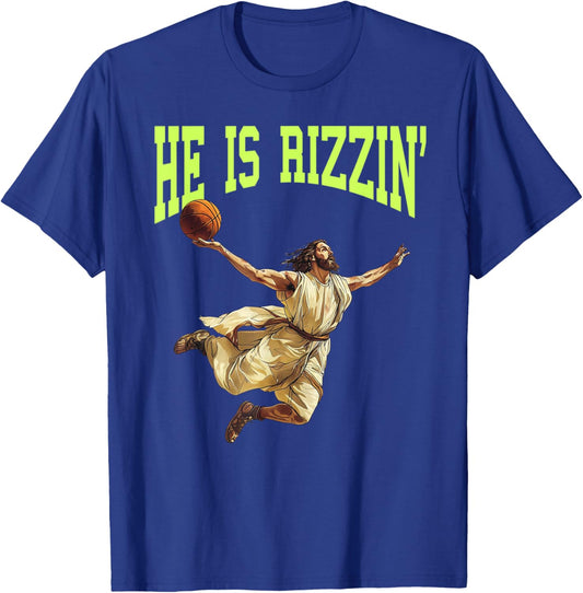 He Is Rizzin Funny Easter Balling Jesus Dunking Basketball T-Shirt - T-Shirt | Royal