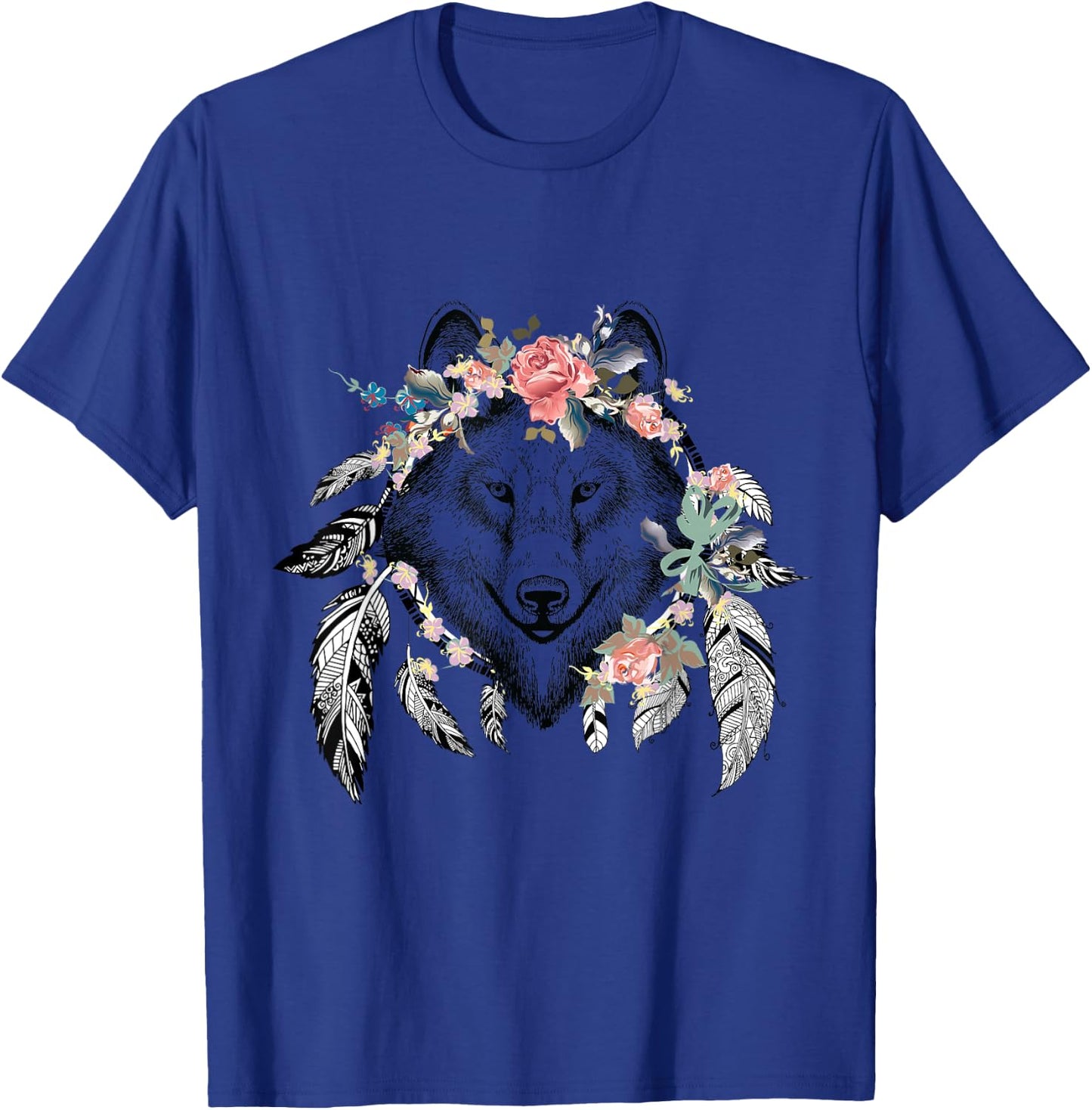 Ethnic Tribal Wolf Head Boho Feather Native American Hippie T-Shirt - T-Shirt | Royal
