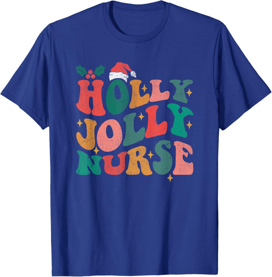 Holly N Jolly Nurse Santa Hat Groovy Christmas 2023 T-Shirt - T-Shirt | Royal