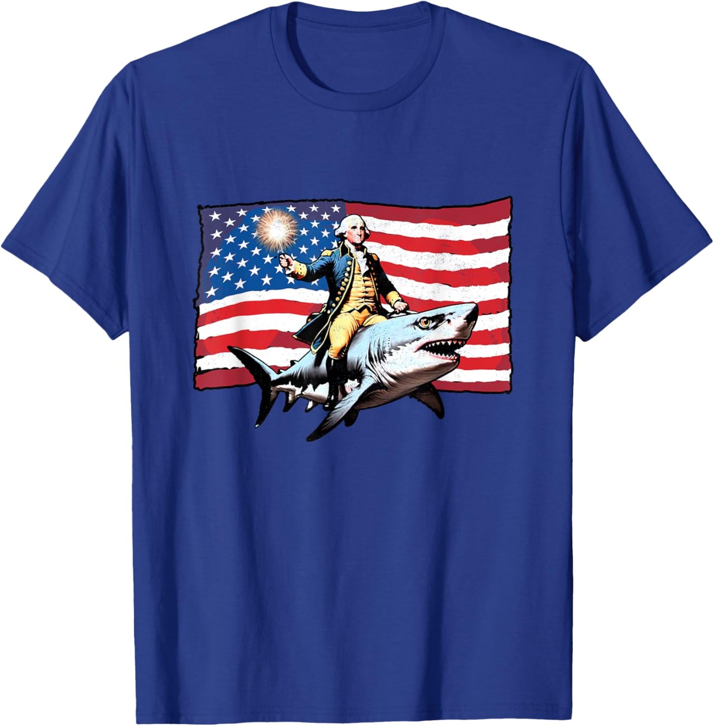4th of July George Washington Riding Shark American Flag Men T-Shirt - T-Shirt | Royal