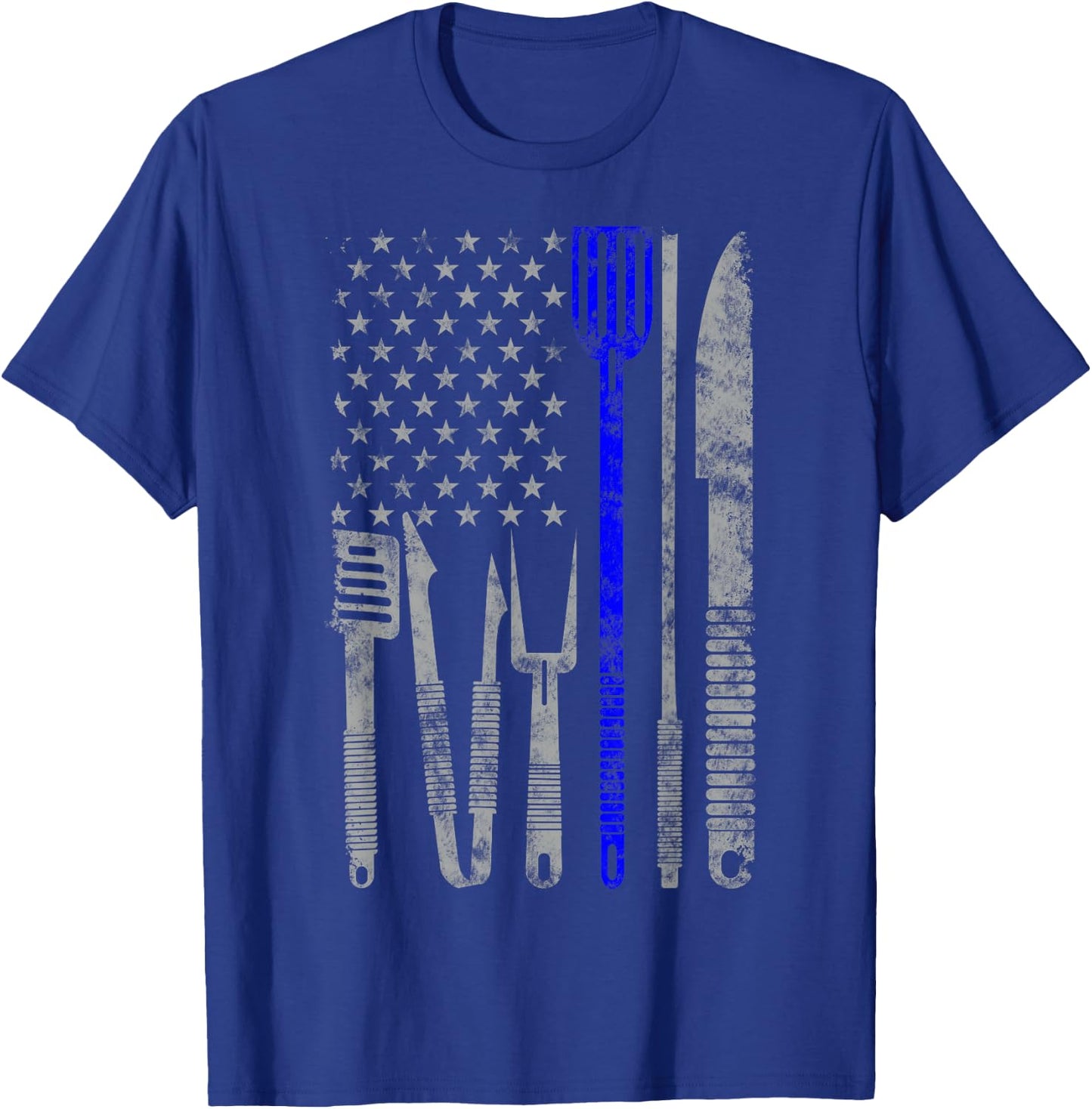 BBQ Grill Thin Blue Line american Flag Gift chef T-Shirt - T-Shirt | Royal