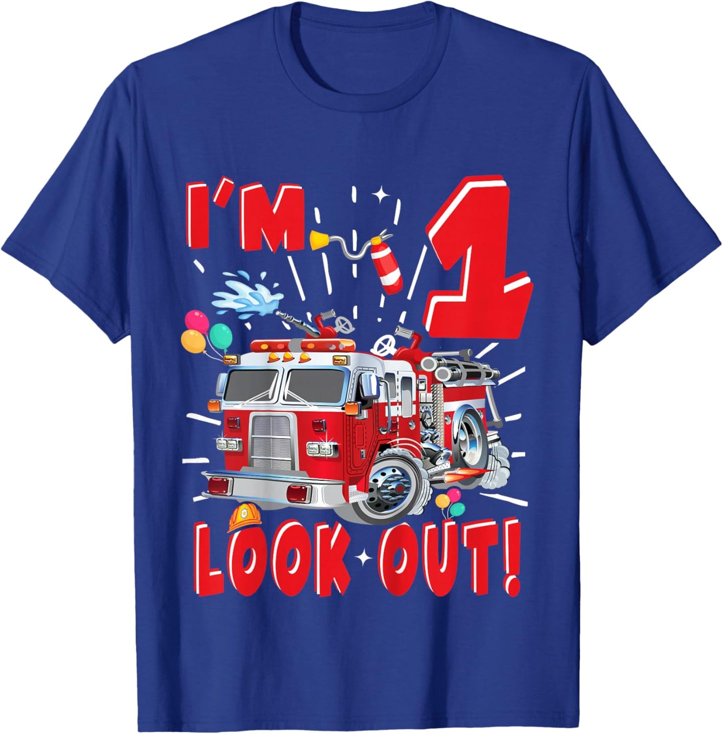 Kids One 1st Birthday Fire Truck Boy 1 Year Old Firefighter T-Shirt - T-Shirt | Royal